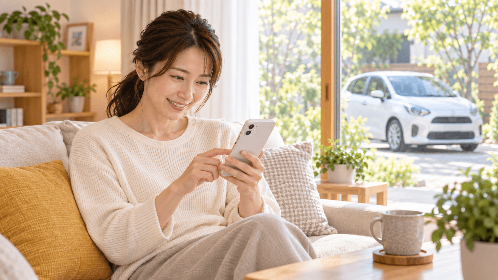 スマートフォンで評判をチェックしながらくつろぐ利用者のイメージ