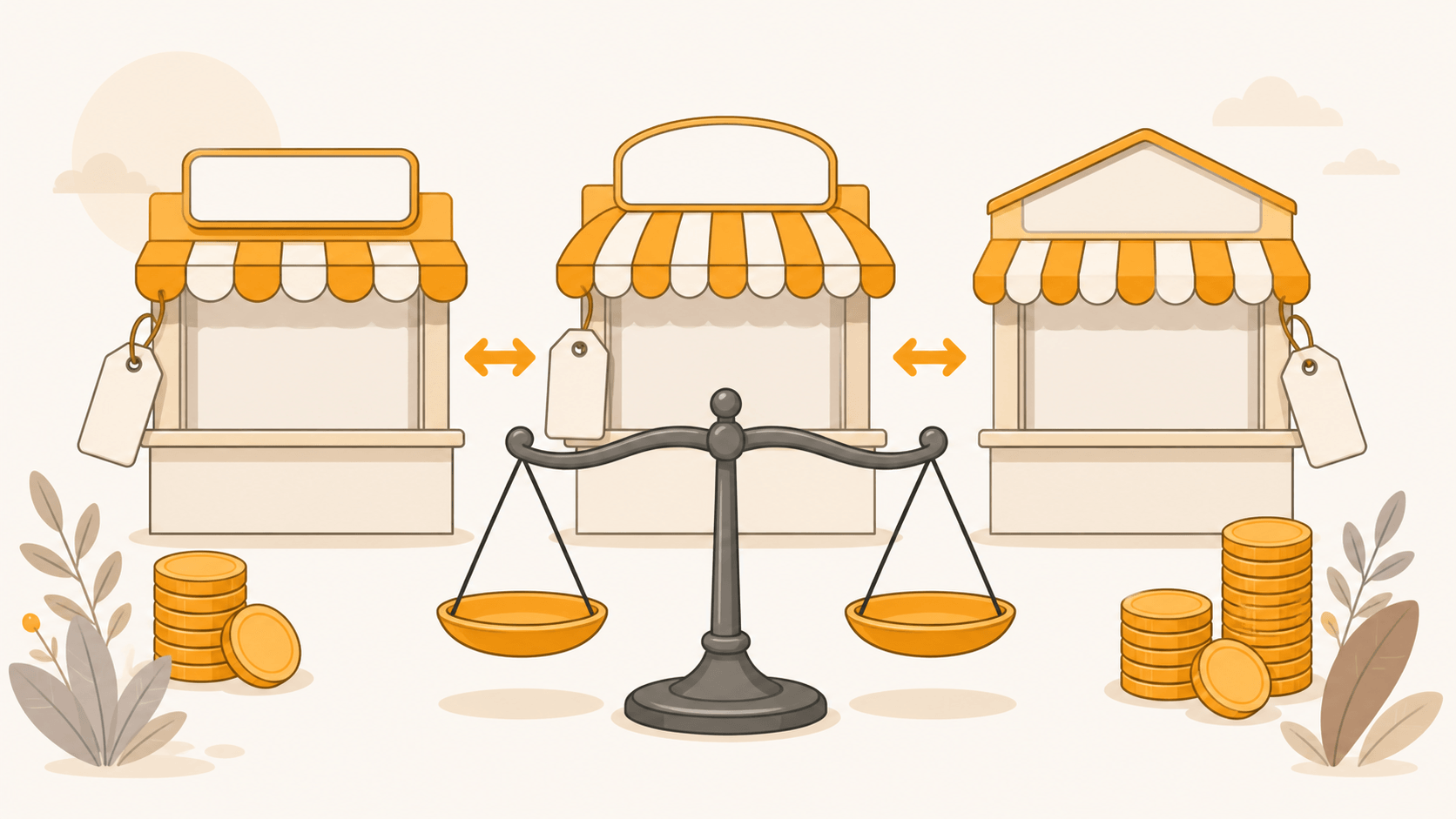 3つの店舗を天秤で比較しているイラスト