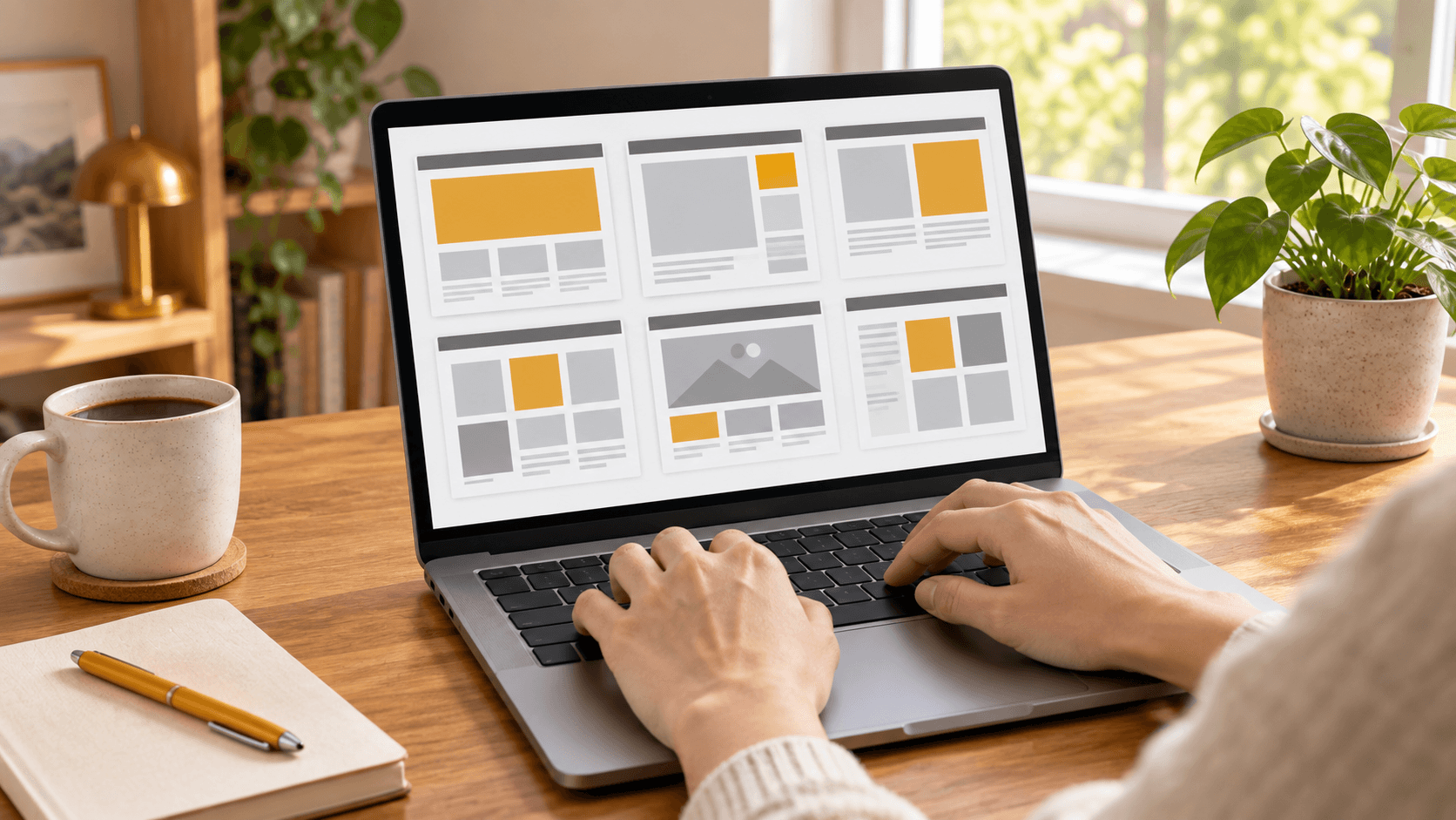 ノートパソコンの画面に複数のWebサイトデザインのモックアップが並んで表示されているイメージ