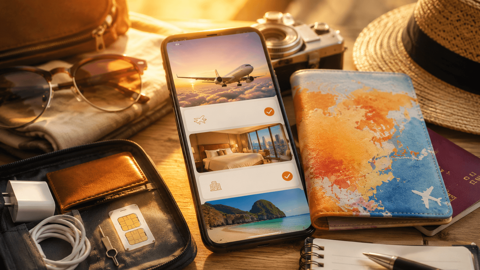 スマートフォンの旅行予約アプリとeSIMカード・パスポートが並ぶコスパ旅行の準備