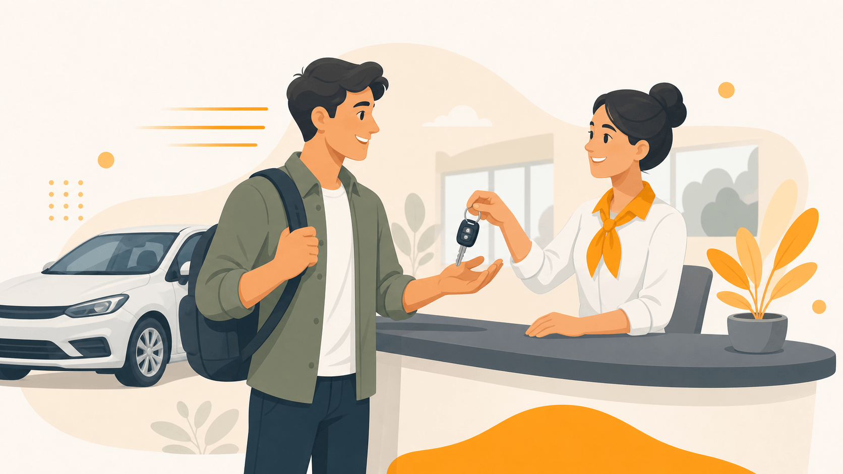 レンタカーの受付でキーを受け取る利用客のイラスト