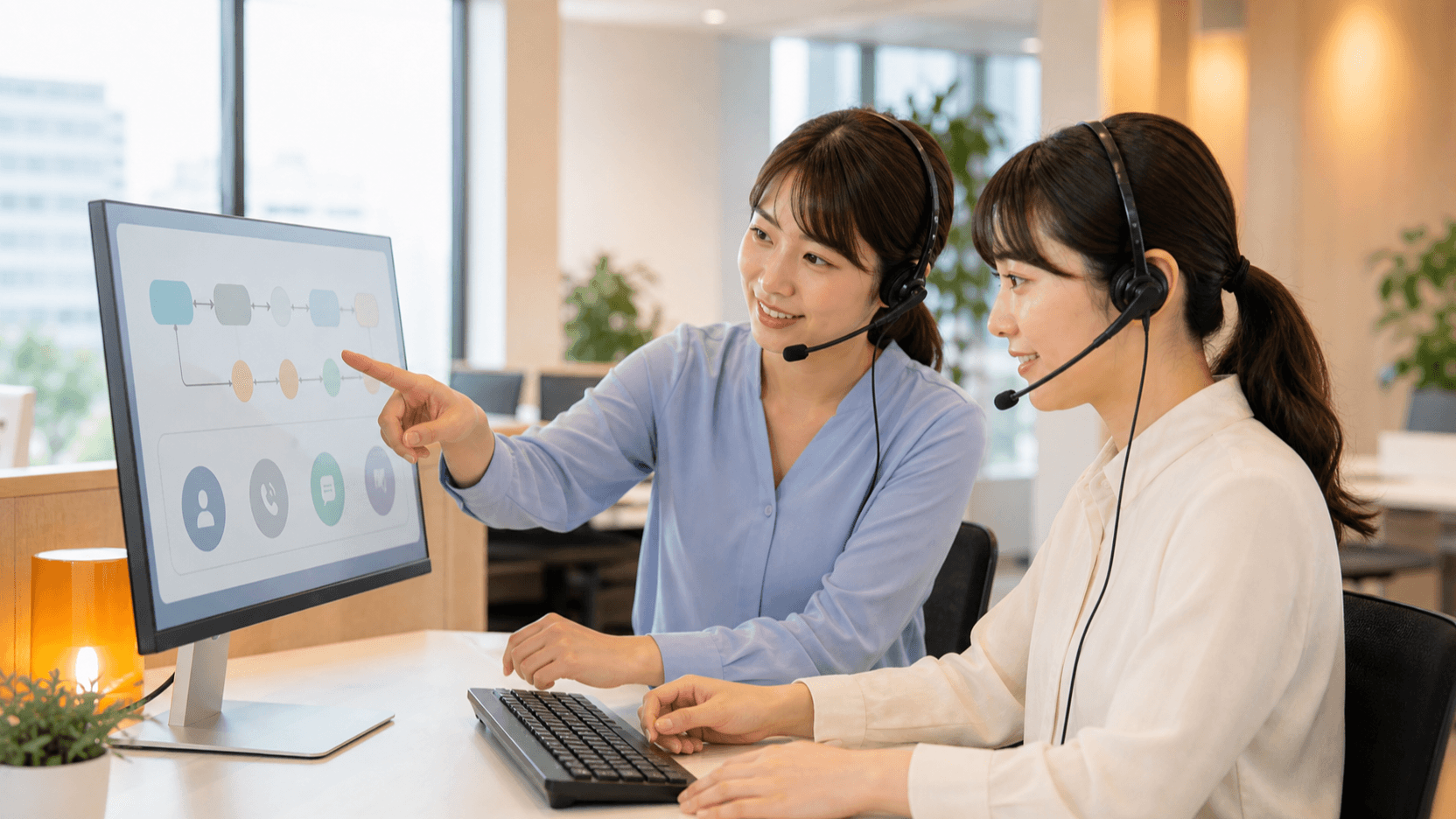 研修担当者が新人オペレーターに業務を教えている様子