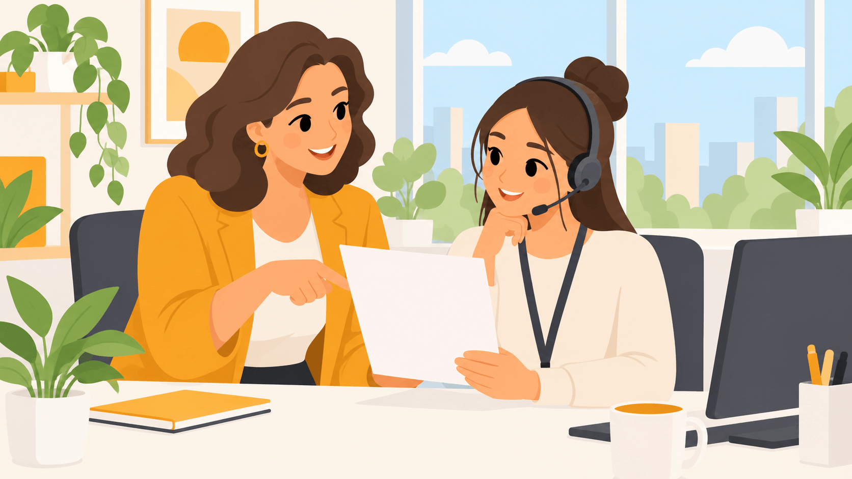 コールセンターのSVが新人オペレーターと書類を見ながら話している様子