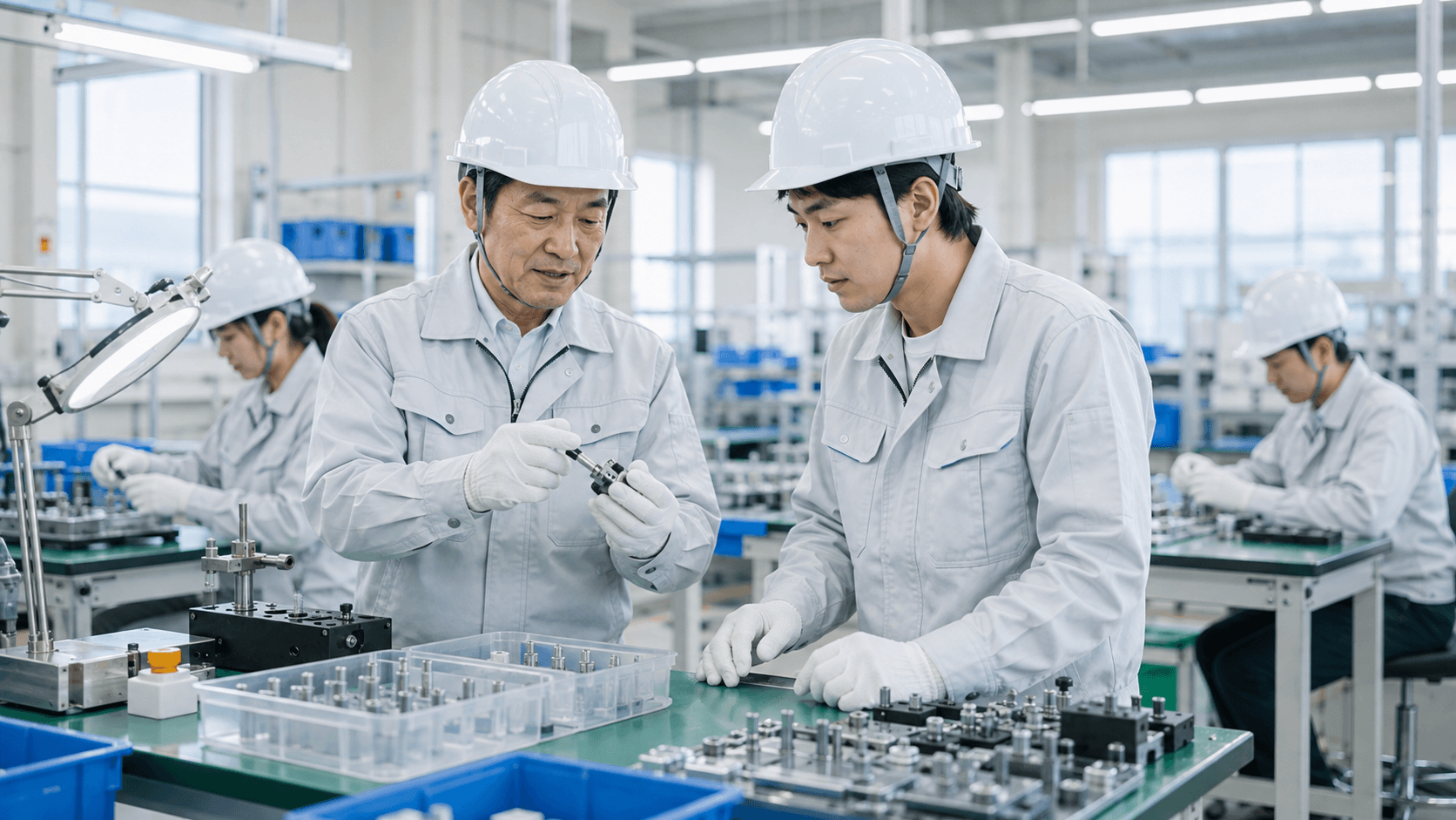 工場のベテラン作業員が未経験の新人に組立作業を教えている様子