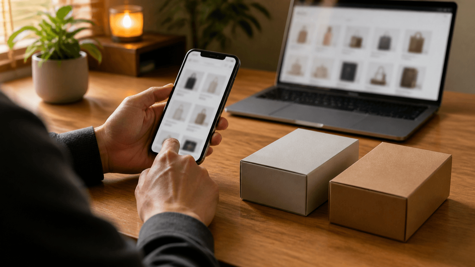 せどりの商品リサーチをスマートフォンとパソコンで行う様子
